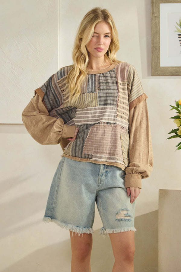 WASHED PATCHWORK FABRIC MIXED LONG SLEEVE TOP