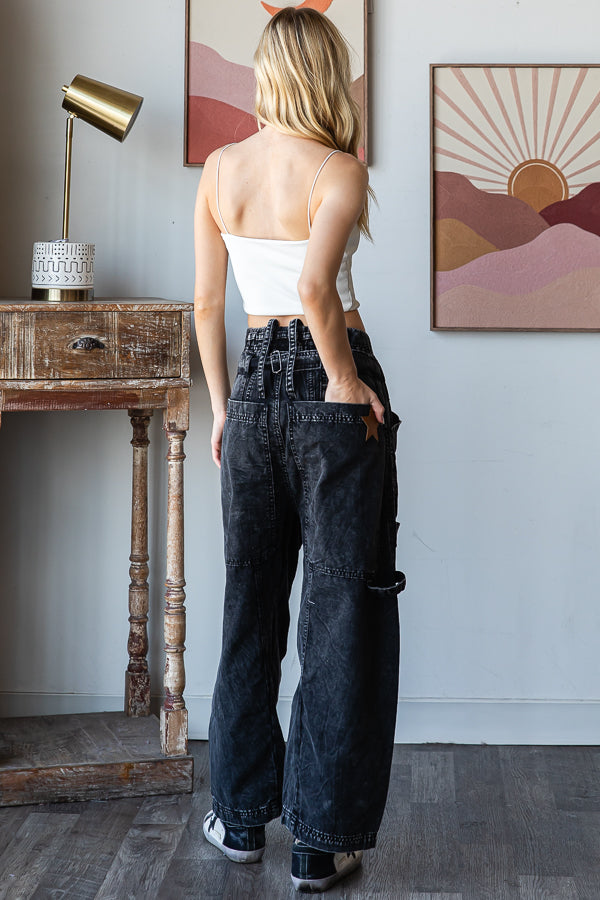 MINERAL WASHED WIDE LEG CARGO DENIM JEANS