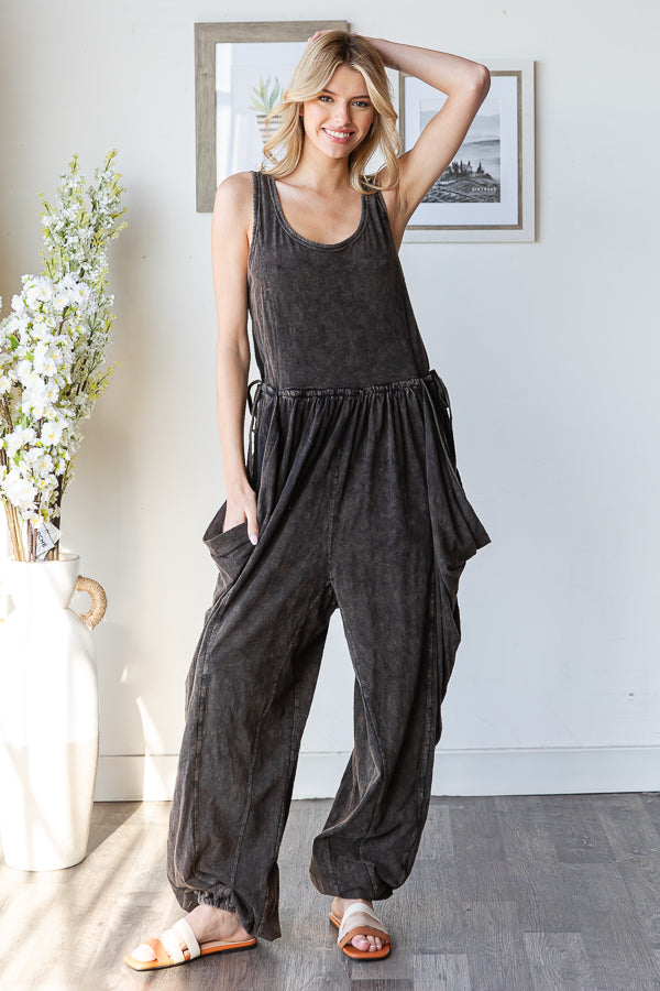 WASHED WIDE LEG DRAWSTRING DETAIL JUMPSUIT