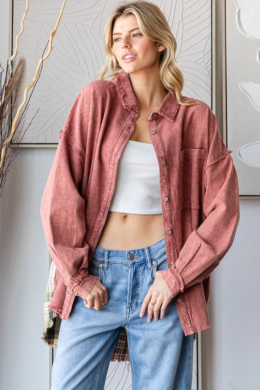 WASHED PLAID PACTHWORK BACK DETAIL SHIRT