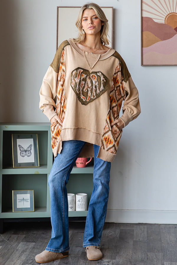 WASHED LOVE HEART PATCHWORK PULLOVER TOP