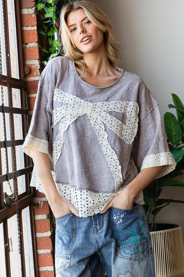 WASHED RIBBON PATCHWORK SHORT SLEEVE OVERSIZED TOP