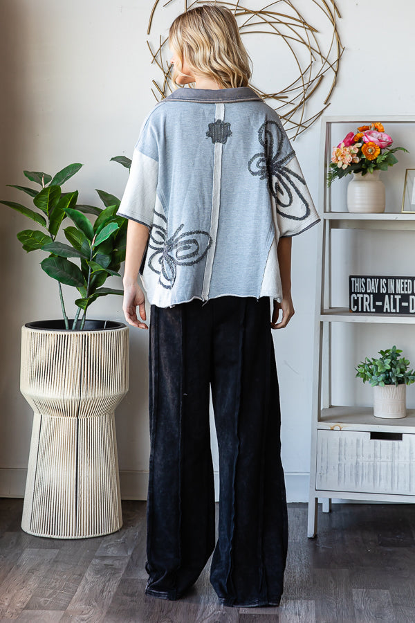 WASHED BUTTERFLY PATCHWORK HENLEY NECK KNIT TOP