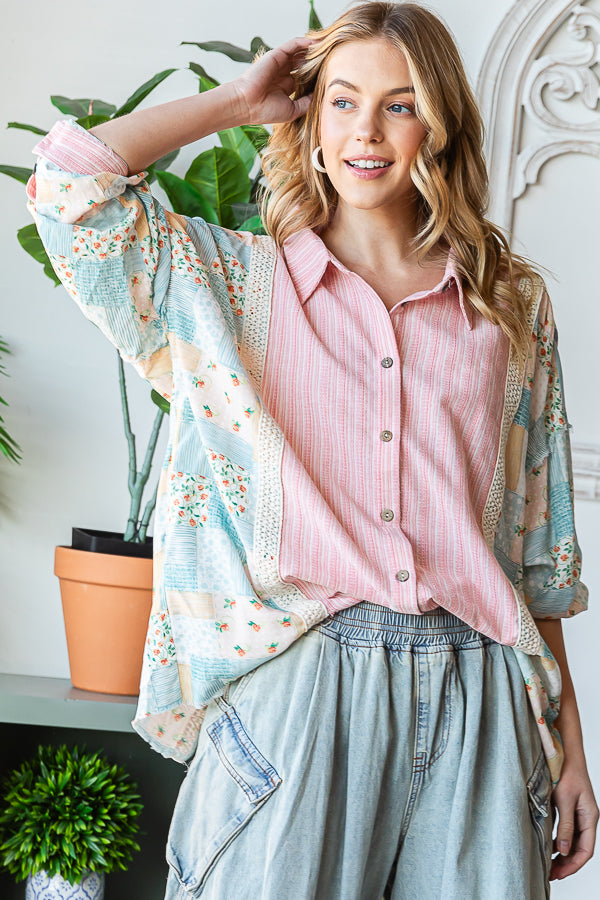 WASHED MIX MEDIA STRIPED BUTTON DOWN SHIRT