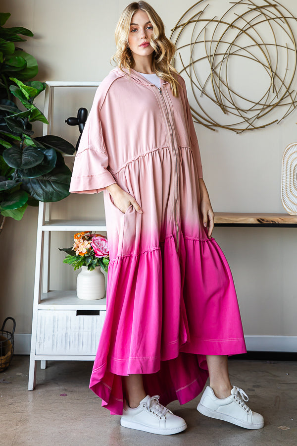 DIP DYE SHORT SLEEVE HOODED ZIP UP LONG CARDIGAN