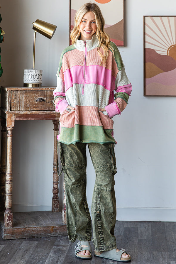 WASHED COLORBLOCK HALF ZIP PULLOVER TOP