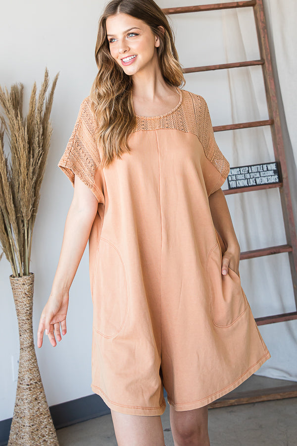 CROCHET YOKE DETAIL KEYHOLD BACK OVERSIZED ROMPER