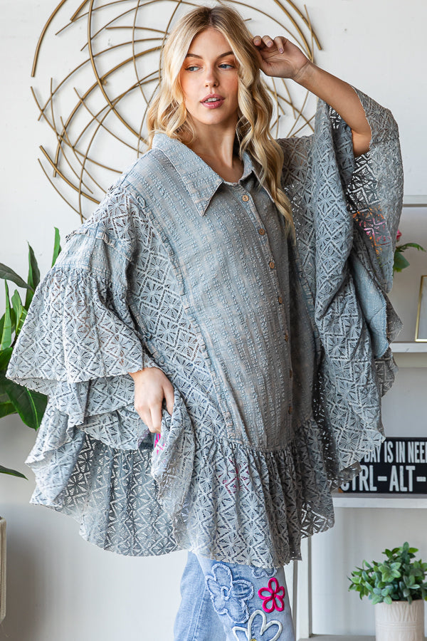 WASHED LACE RUFFLE HEM BUTTON FRONT SHIRT