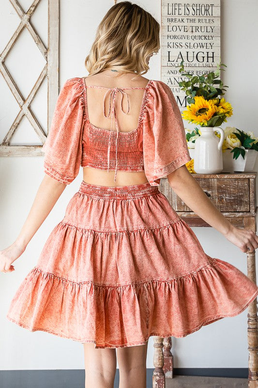 WASHED CROSS CUTOUT TIERED MINI DRESS