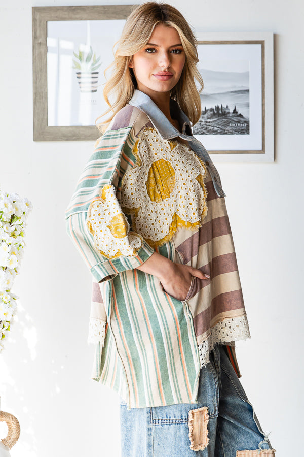 FLOWER PATCHWORK MULTICOLOR STRIPED TOP