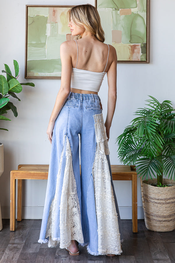 LACE INSERT DETAIL RUFFLE FLARE WIDE LEG PANTS