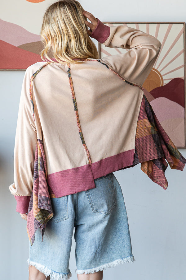 WASHED PEACE PATCHWORK PULLOVER TOP