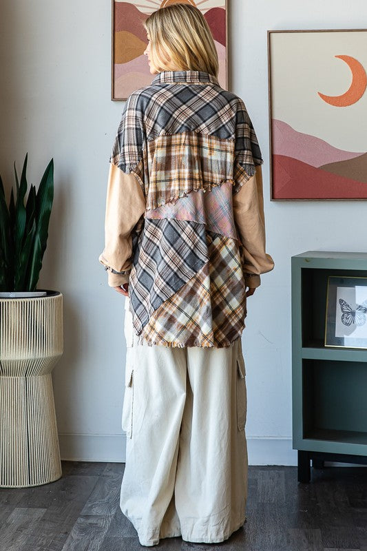 BLEACH DETAIL BUTTON PLACKET MIX MEDIA SHIRT