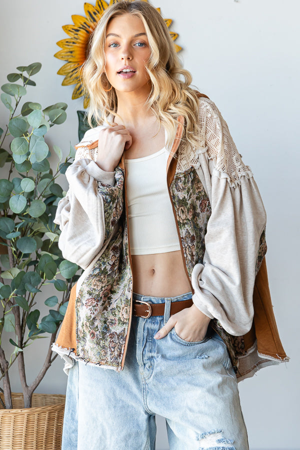 LACE YOKE LONG SLEEVE ZIP CLOSURE HOODED JACKET