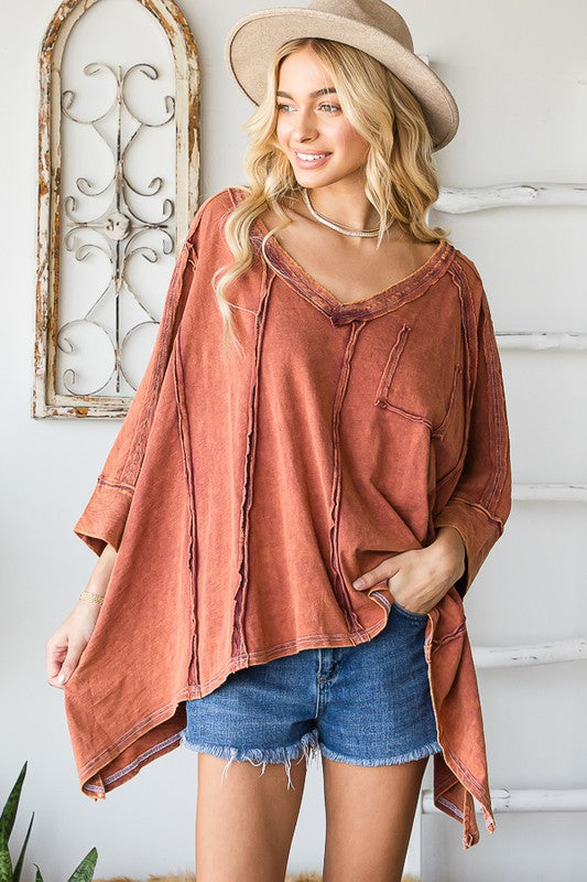 WIDE V NECK ASYMMETRICAL HEM OVERSIZED TOP