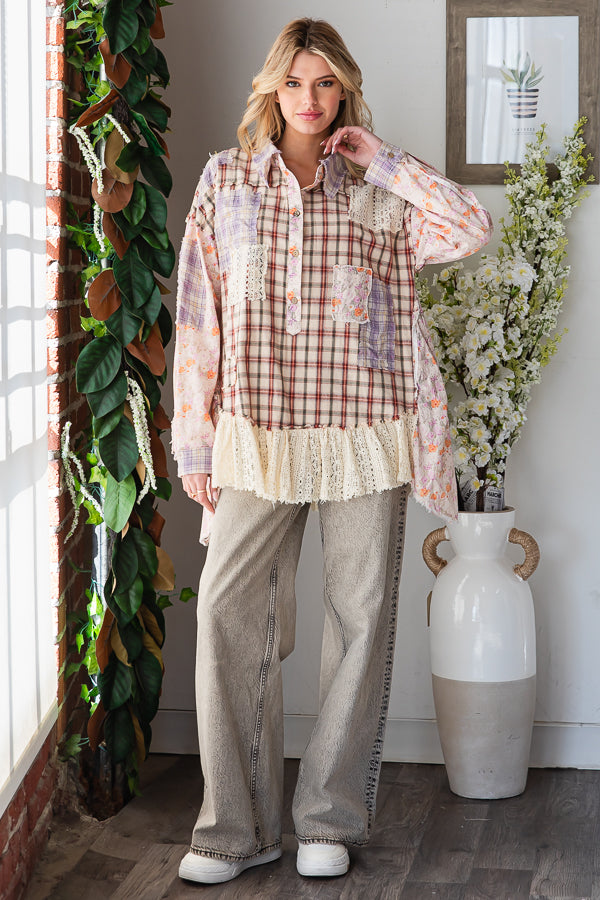 WASHED RUFFLE LACE HEM BUTTON UP PLAID SHIRT