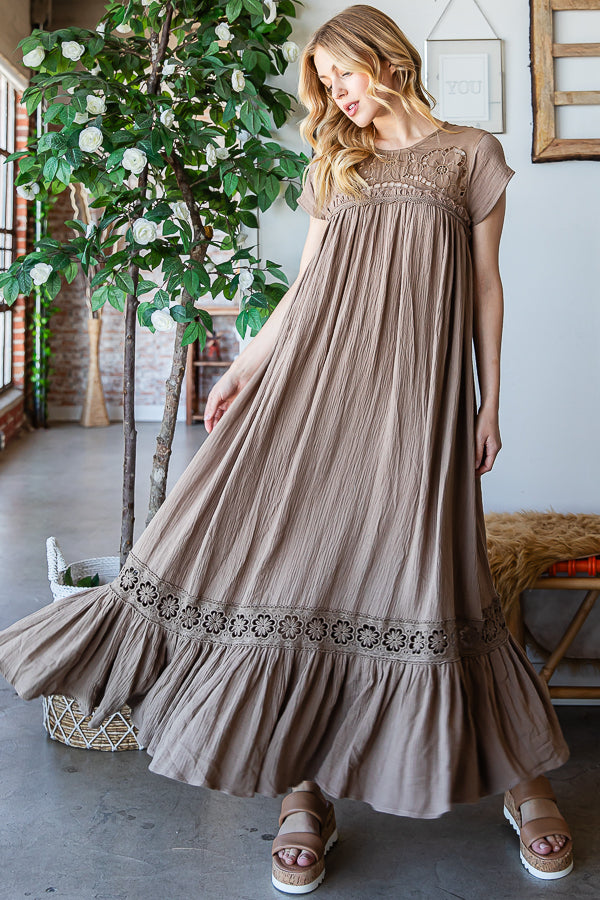 CROCHET YOKE RUFFLE FLARE HEM GAUZE MAXI DRESS