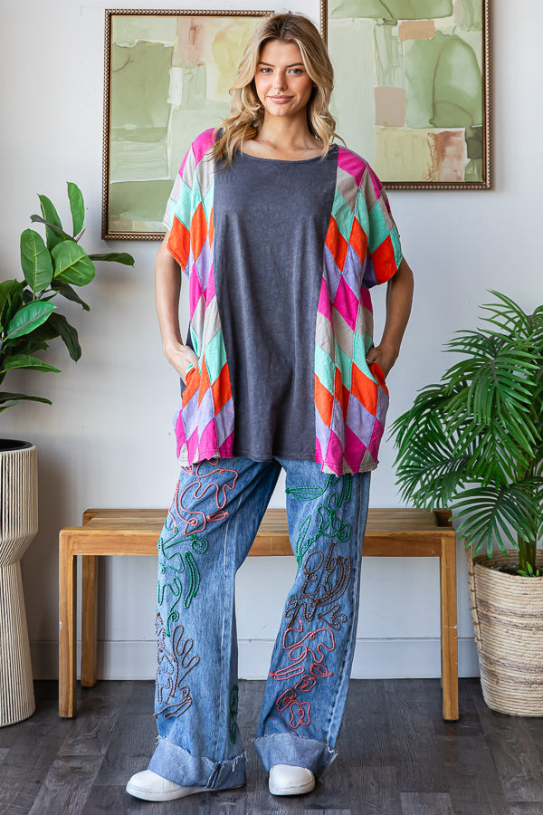 WASHED MULTICOLOR GEO PATCHWORK OVERSIZED TOP