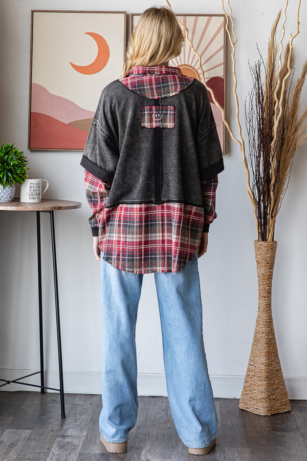 WASHED PLAID CONTRAST MIX MEDIA SHIRT