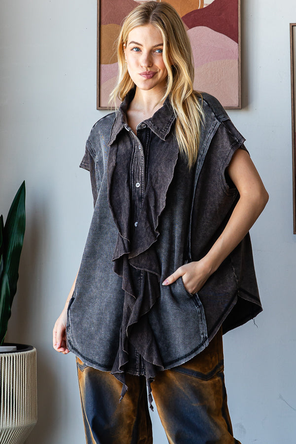 WASHED RUFFLE DETAIL FRONT BUTTON DOWN SHIRT