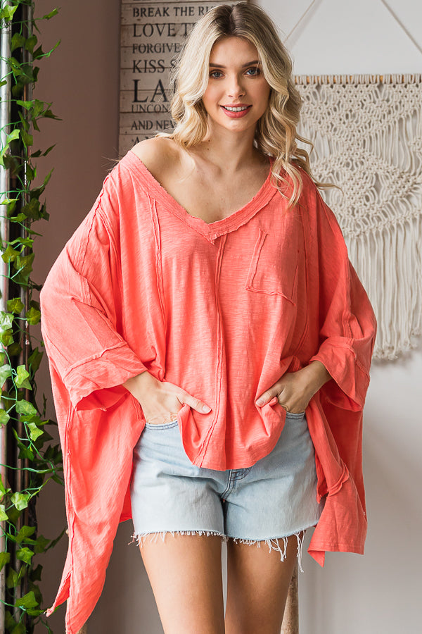 OVERSIZED V NECK SHARKBITE HEM SOFT KNIT TOP
