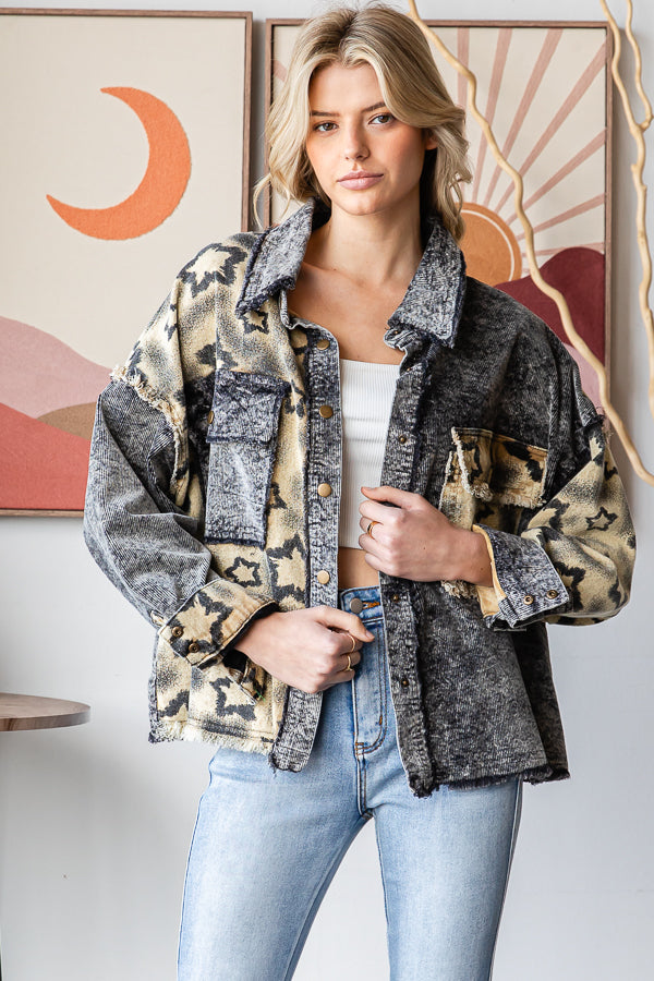 WASHED STAR PRINT CORDUROY MIX JACKET