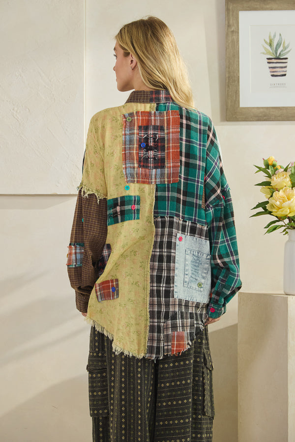 COLORBLOCK PATCHWORK PLAID BUTTON DOWN SHIRT