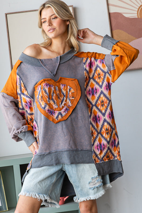 WASHED LOVE HEART PATCHWORK PULLOVER TOP