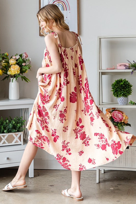 PRINTED TIE STRAPS SMOCKED FRONT MAXI DRESS