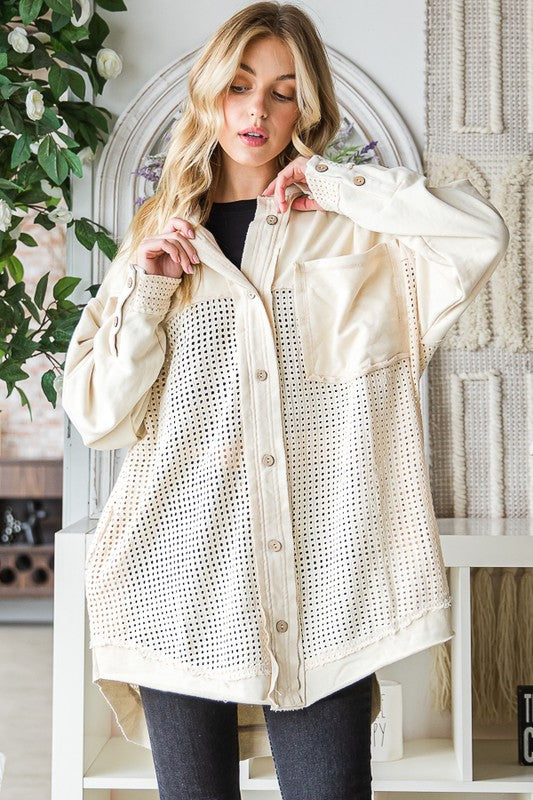 WASHED MIX MEDIA BUTTON DOWN HOODED SHACKET