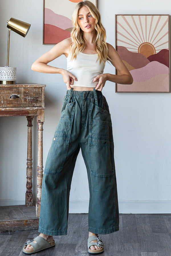 MINERAL WASHED WIDE LEG CARGO DENIM JEANS