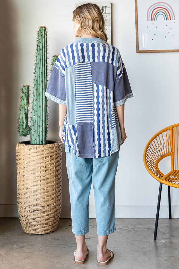 WASHED COLORBLOCK CONTRAST SHORT SLEEVE SHIRT