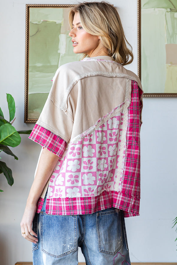 WASHED PRINTED MIX MEDIA SHORT SLEEVE TOP