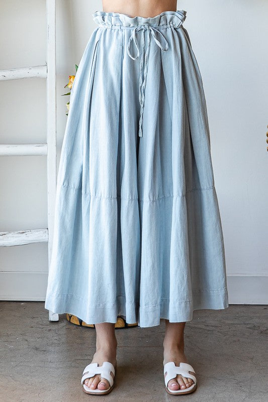 WASHED PLEATED TIE WAIST CROPPED WIDE LEG PANTS