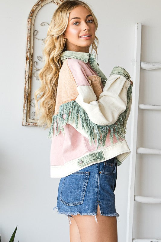 WASHED COLORBLOCK BUTTON DOWN FRINGE TWILL JACKET