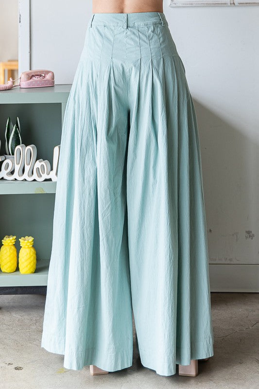 WASHED COTTON PLEATED WIDE LEG PANTS