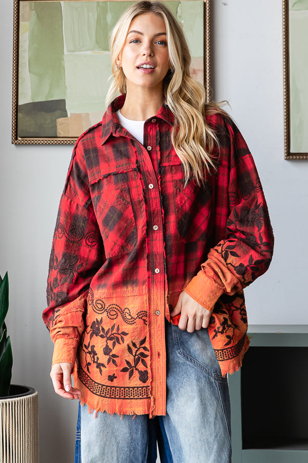 MINERAL WASHED PLAID EMBROIDERED DETAIL SHIRT