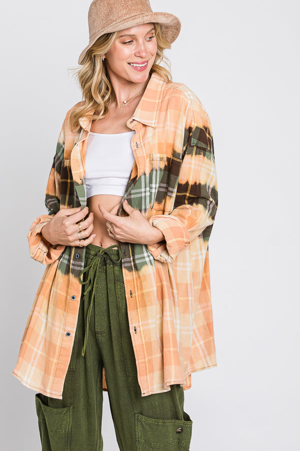 BLEACHED MULTI COLOR PLAID BUTTON DOWN SHIRT