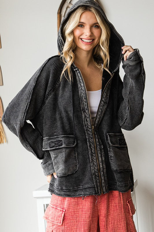 WASHED ZIP FRONT HOODED WAFFLE JACKET