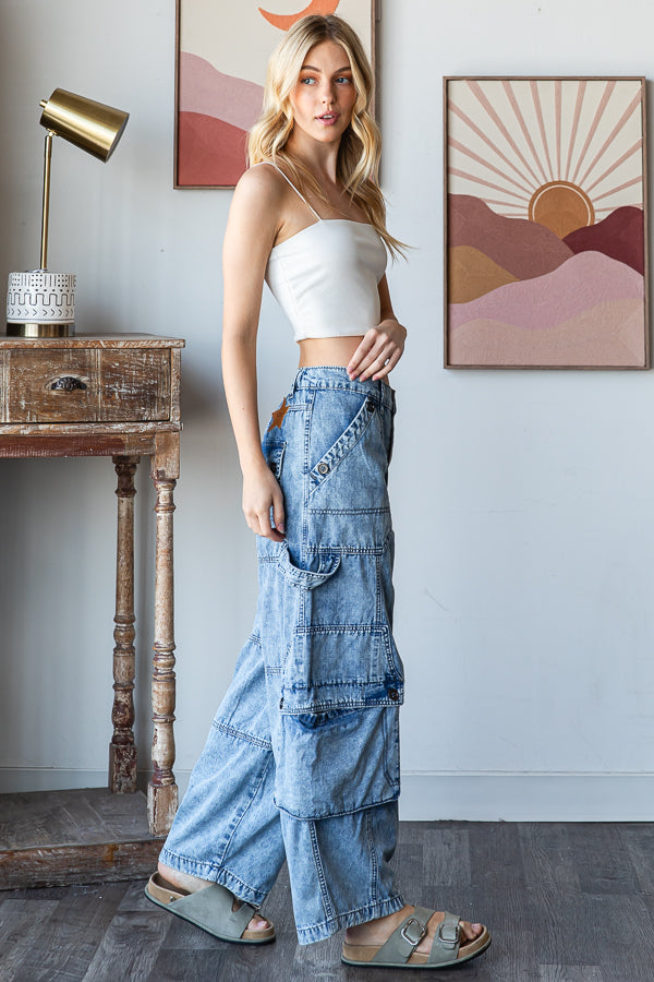 WASHED 3D POCKETS WIDE LEG CARGO DENIM PANTS