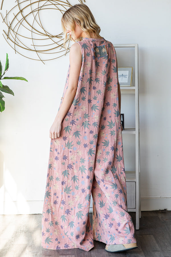 WASHED SLEEVELESS PRINTED REVERSIBLE JUMPSUIT