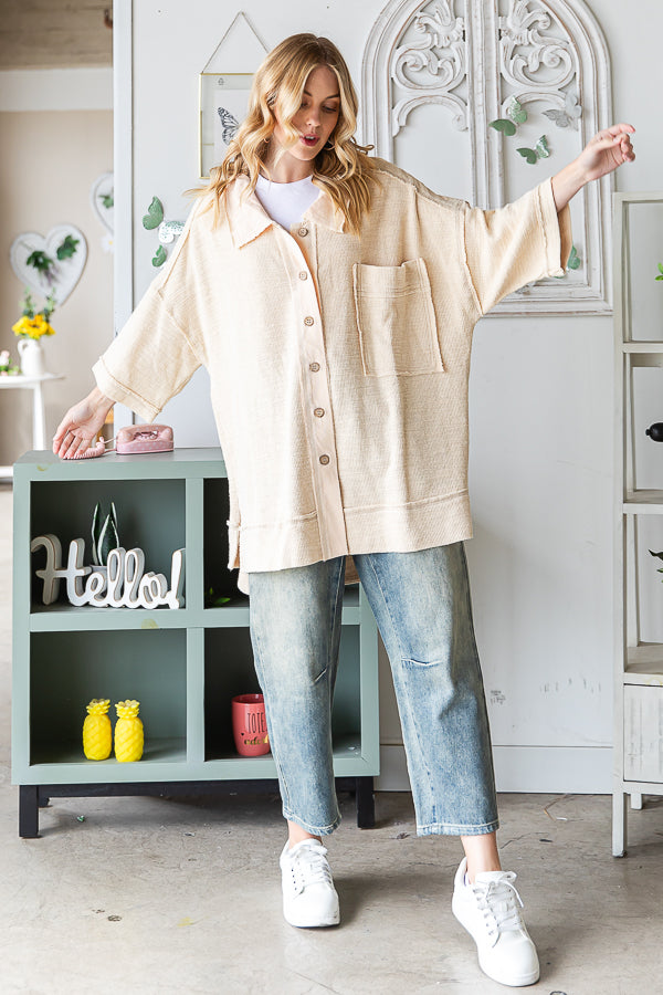 WASHED MIX MEDIA COLLAR NECK OVERSIZED SHIRT