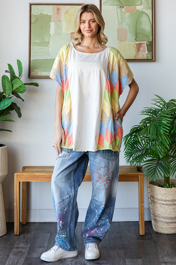 WASHED MULTICOLOR GEO PATCHWORK OVERSIZED TOP