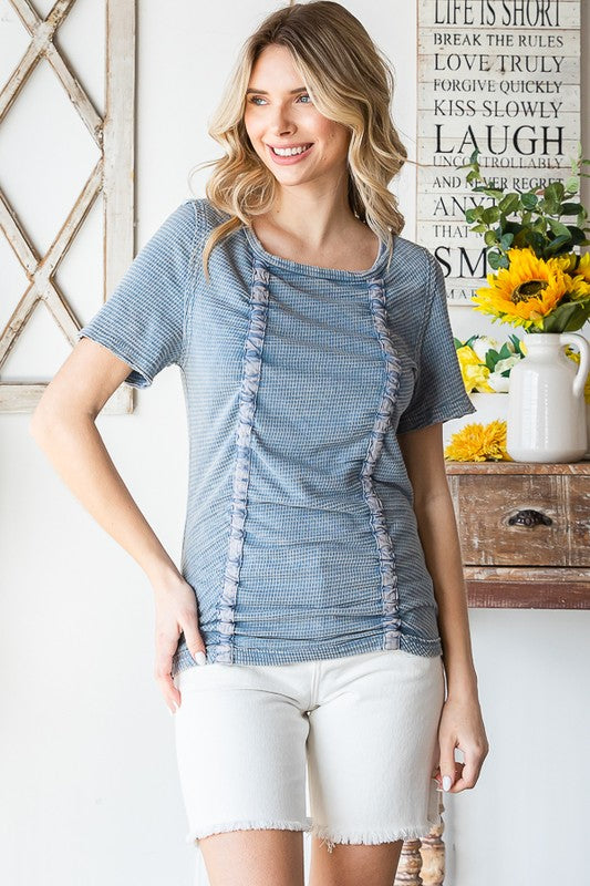 WASHED CINCHED SHORT SLEEVE KNIT TOP