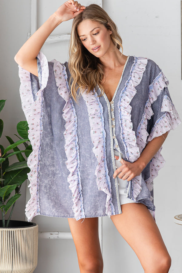 WASHED V NECK RUFFLE DETAIL MIX MEDIA BUTTON TOP
