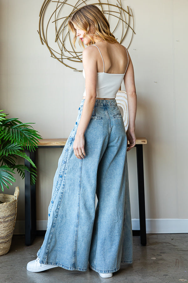 WASHED WIDE LEG FLARED PALAZZO DENIM PANTS