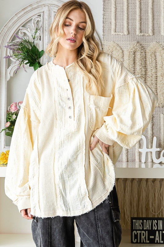 WASHED MANDARIN COLLAR BUTTON OVERSIZED TOP