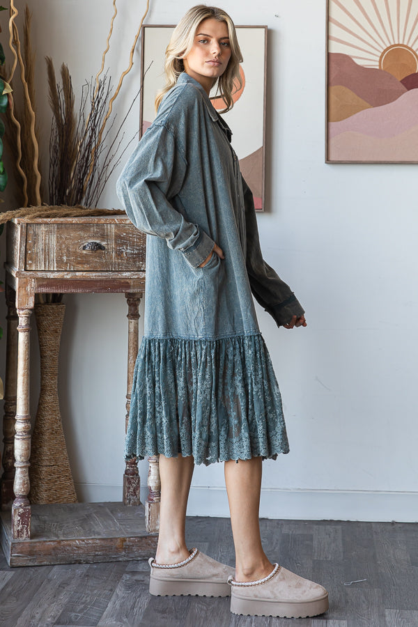 WASHED FLARE RUFFLE LACE HEM MIDI SHIRT DRESS