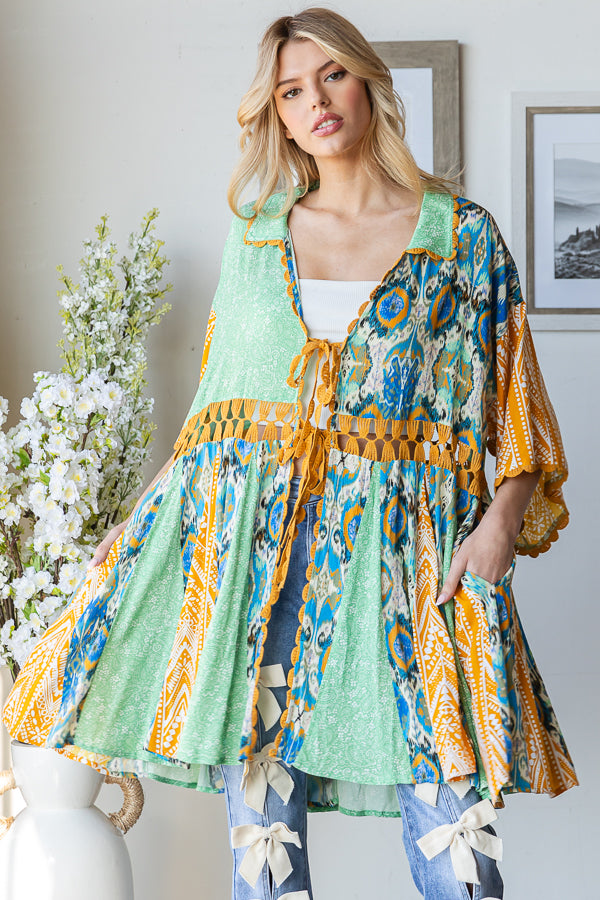 PRINTED MIX KIMONO MINI DRESS