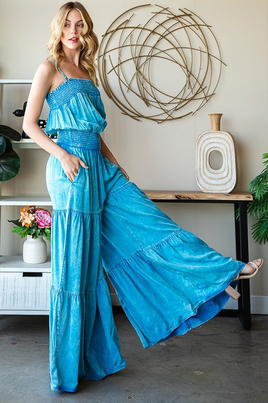 WASHED TIERED SMOCKED WAIST WIDE LEG JUMPSUIT
